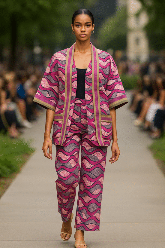 Pink Prestigeous Ankara Kimono & Trouser Set.
