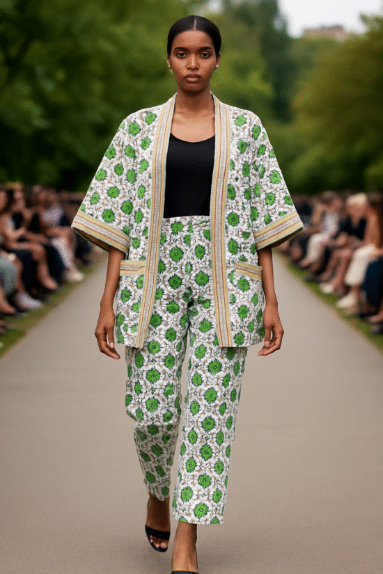 Green & Cream African Kimono Set Two Piece Ankara Elegance